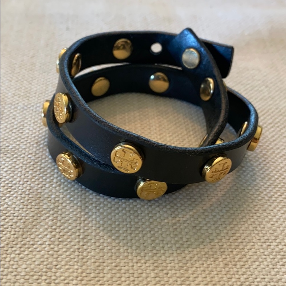 Black Tory Burch Double Wrap Logo Stud Bracelet